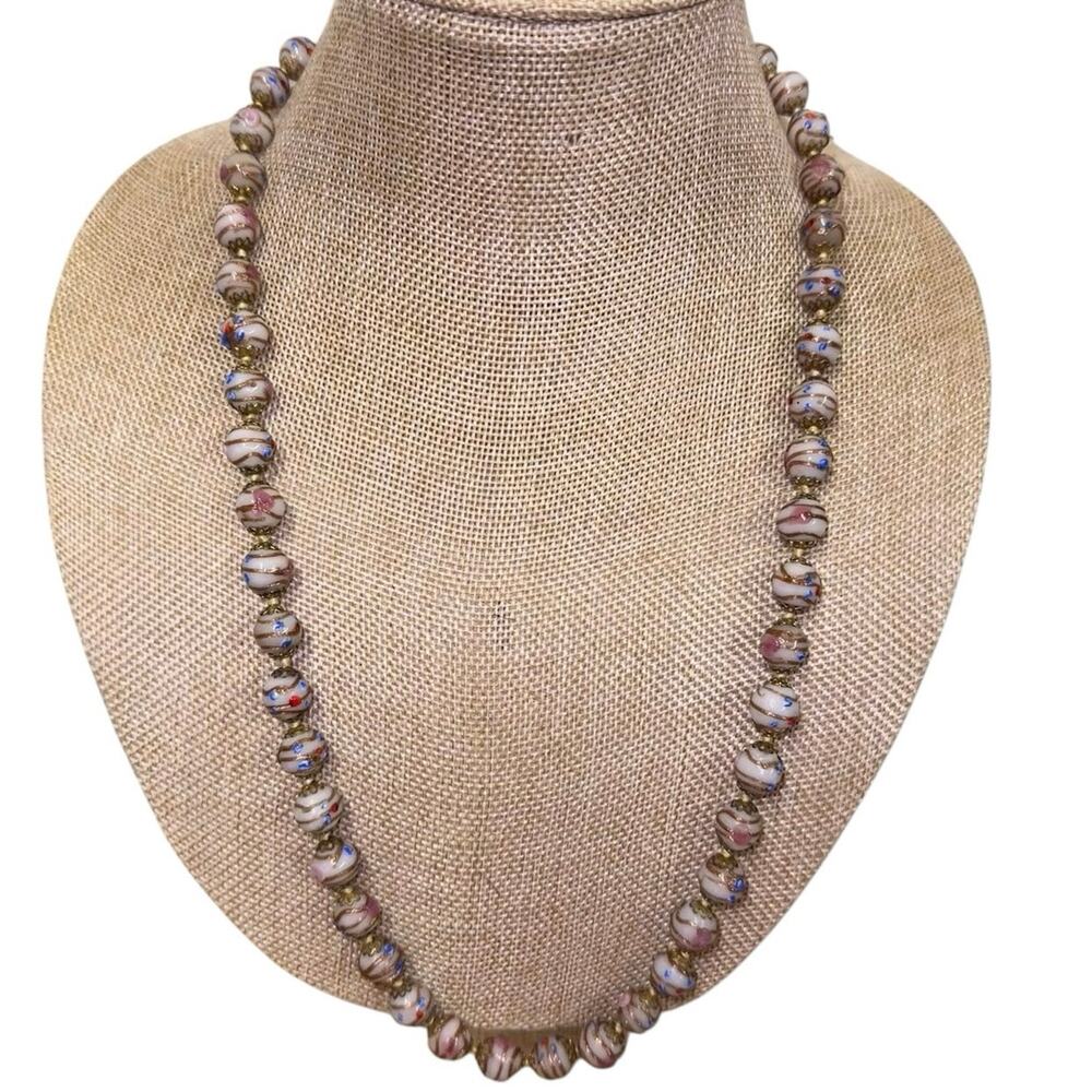 Vintage Style Art‎ Glass Beaded Necklace Pink Blue Swirl Lampwork Long Statement